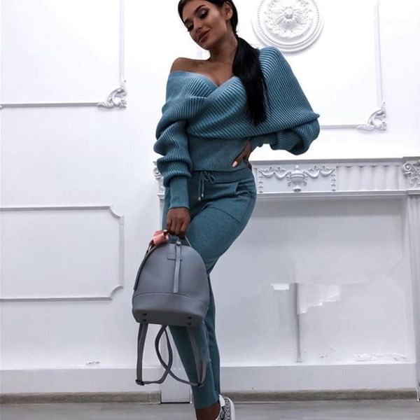

2019 autumn and winter new two piece set women v-neck cross knit and pants sets female knitted tracksuit sporting suit1, White