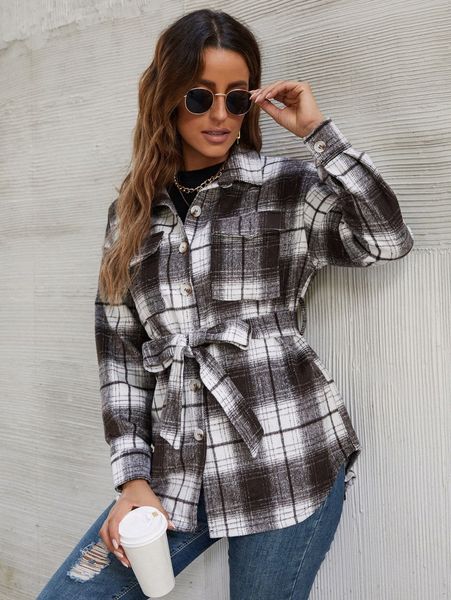 

plaid flap pocket drop shoulder belted overcoat l1nh#, Black