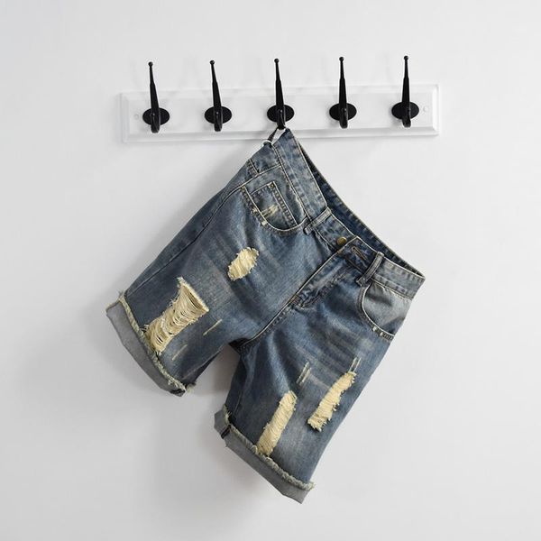 

men's jeans summer hole ripped big boy denim shorts classic washed knee length streetwear beachwear zipper mens trousers 1, Blue