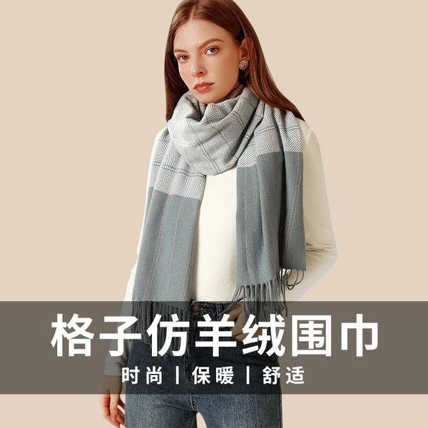 

scarves 2021 knitted spring winter women scarf plaid warm cashmere shawls neck bandana lady wrap, Blue;gray