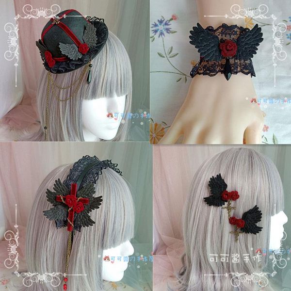 

gothic lolita dark hair lolita deliberate rose wine red hair band, clips