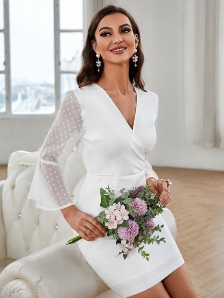 

contrast swiss dot mesh flounce sleeve dress g9hg#, Black;gray