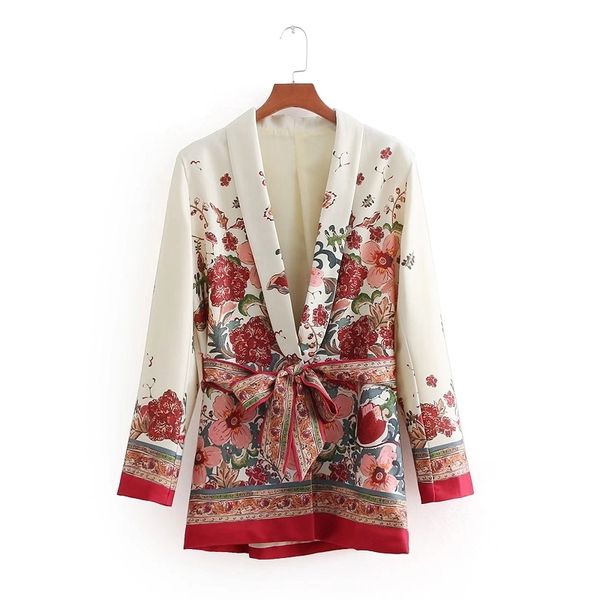 

2018 women vintage retro red floral print kimono suit jacket ladies waist bowknot sashes outwear business casual slim coat ct070 y200101, Black;brown