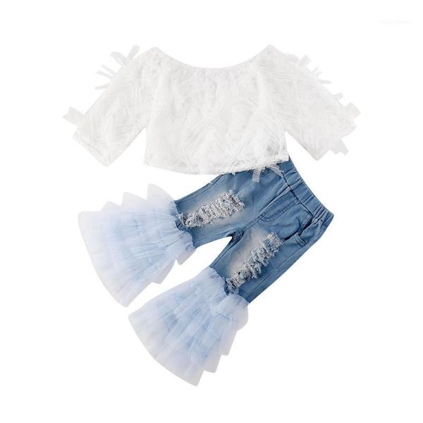 

clothing sets little girl summer set toddler baby kids girls clothes mesh lace shirt + ruffle hole denim pants 2pcs outfits 1-6t1, White