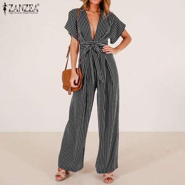 

zanzea fashion women striped rompers summer deep v neck wide leg jumpsuits casual short sleeve playsuits beach long bodysuit 71, Black;white