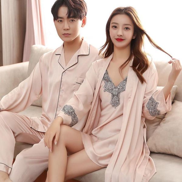 

men's sleepwear couple silk satin pajamas set long sleeve pants pijama pyjamas suit women men sleep 2pcs loungewear home clothes, Black;brown