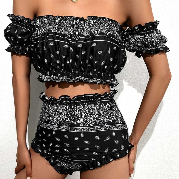 

2021 new bikini split bodice women's high waist black and white printed one shoulder pleated swimsuit, White;black