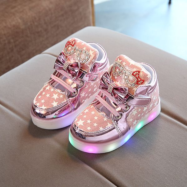 

wholesale led lights kids shoea girls sports sneakers princess children boots luminous casual cute bow letters girl baby toddler shoe boy fo, Black;red