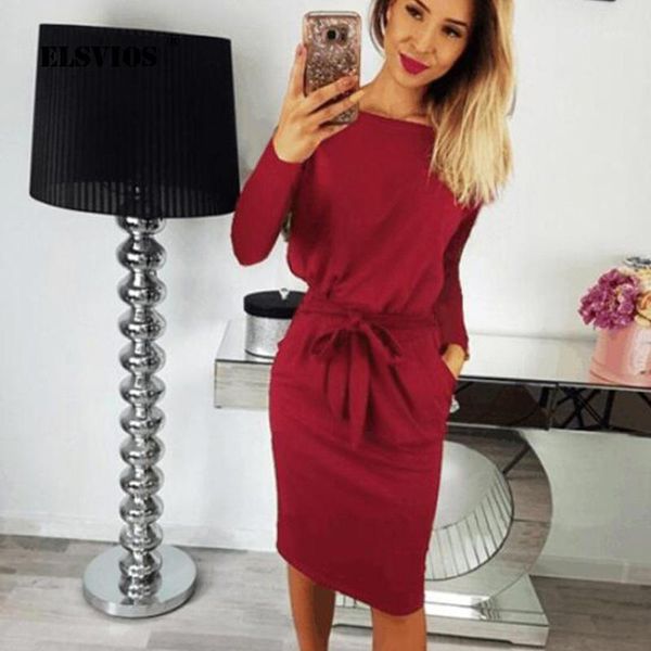 

elsvios 2018 autumn solid a-line knee length dresses casual o neck long sleeve dress women elegant midi bodycon dress s-3xl1, Black;gray