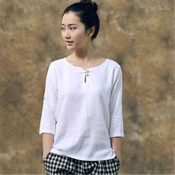 

japanese style new elegant women shirts blouses ladies linen three quarter sleeve white shirt for women blusas zy2541