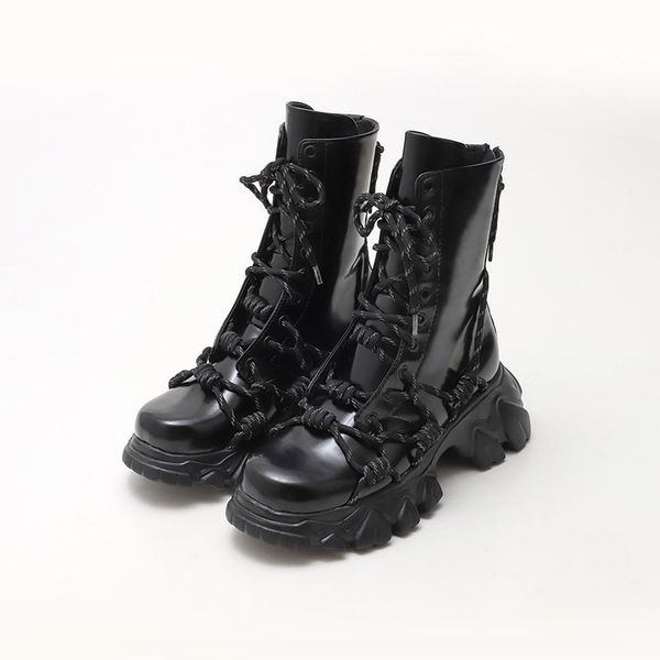 

boots women's ankle motorcycle style lace up platform med heels shoes punk round toe j23, Black