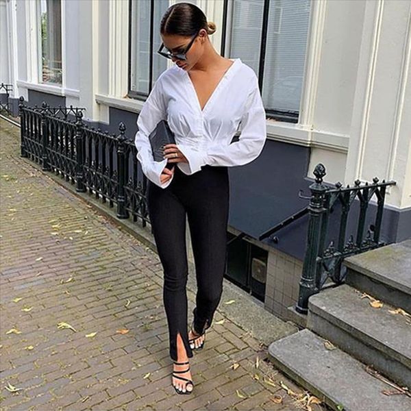 

тощий длинный карандаш раскола брюки днищ женщины элегантный белый черные брюки летом высокой талии офис леди 2020 пятно 25, Black