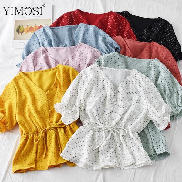 

9 colors 2021 vintage polka dot women puff short sleeve v neck blouse shirts ladies cute button lace up chic female shirts, White