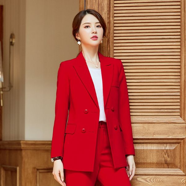 

temperament business professional women's suit autumn and winter new slim jacket large size female pants suit 201030, White
