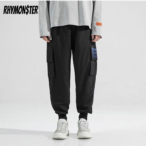

rhymonster side big pockets cargo harem trousers 2021 hip hop letter embroidery sweatpants mens high street elastic waist pants, Black