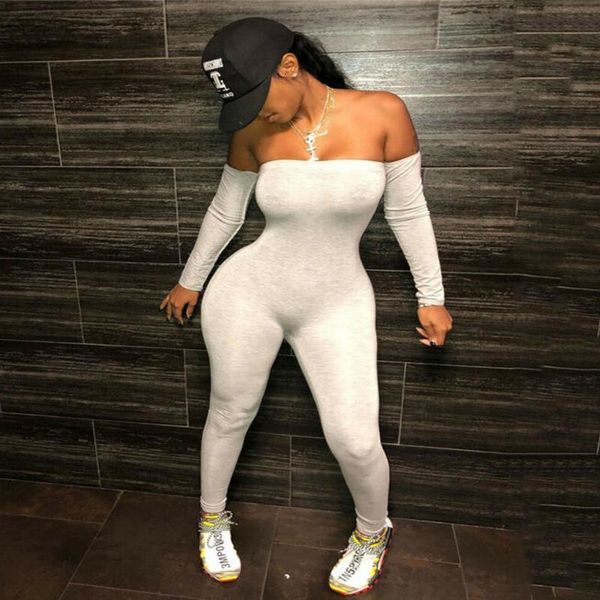 

spring women jumpsuits off shoudler elastic waist long sleeves slash neck long romper party jumpsuit streetwear, Black;white