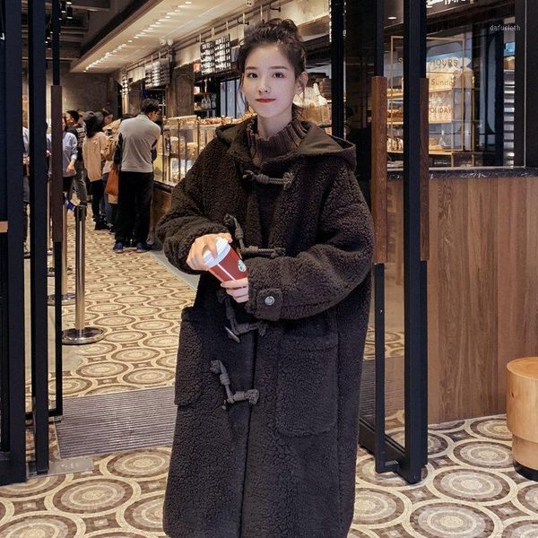 

2020 new winter women fashion horn buckle woolen coat female solid color outwear ladies temperament overcoat girls hooded jacket1, Black