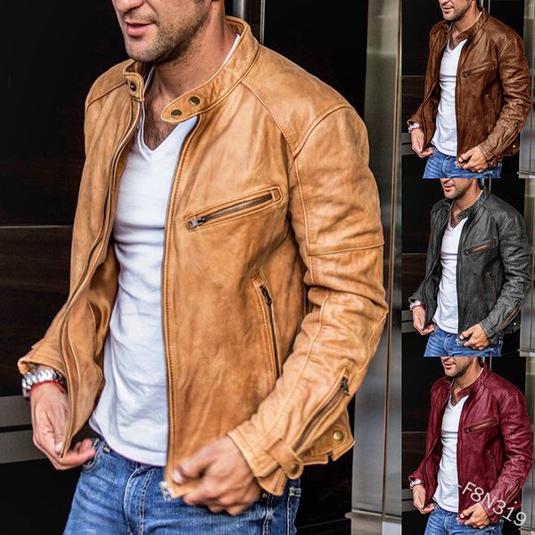 

men's locomotive leather coat jacket men's solid faux leather pu zipper button jacket autumn winter long sleeve stand motorcycle, Black;brown
