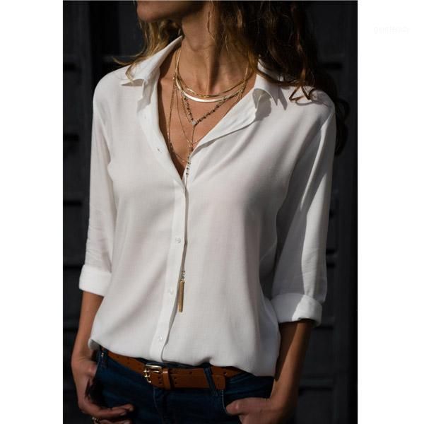 

women's blouses & shirts 2021 womens chiffon autumn long sleeve solid v-neck office blouse female casual buttons up shirt plus size s-, White