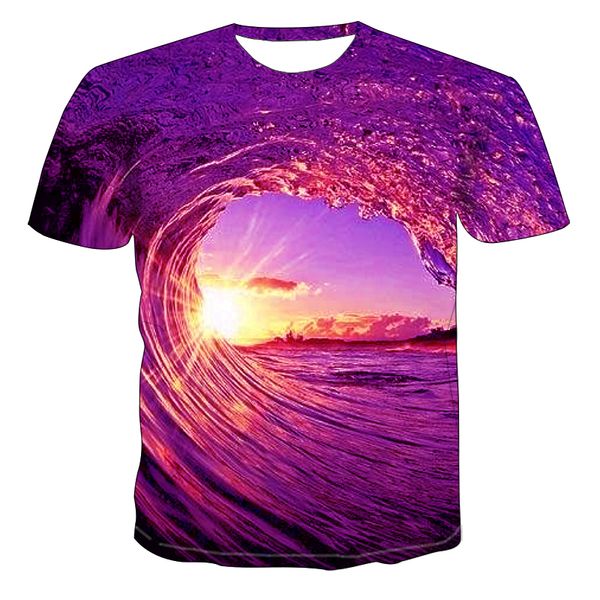 

3d sunset afterglow wave digital printing summer european and american 3d print shirts kawaii humor kawaii men clothing
