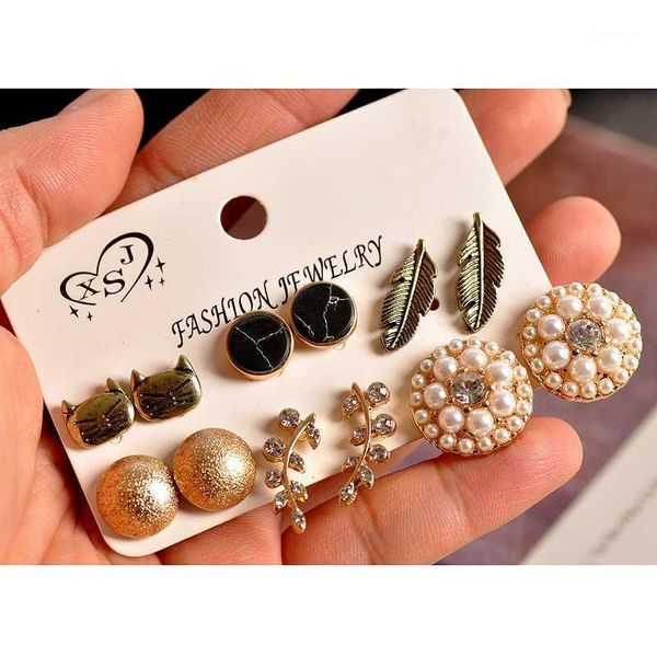 

new fashion women jewelry wholesale girls birthday party pearl earrings beautiful mix and match type 6 pairs /set earrings gift1, Golden;silver