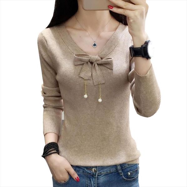 

2018 winter clothes new korean slim sweater shirt fashion long sleve women bow stitching pullover sweater with pearls y3514, White;black