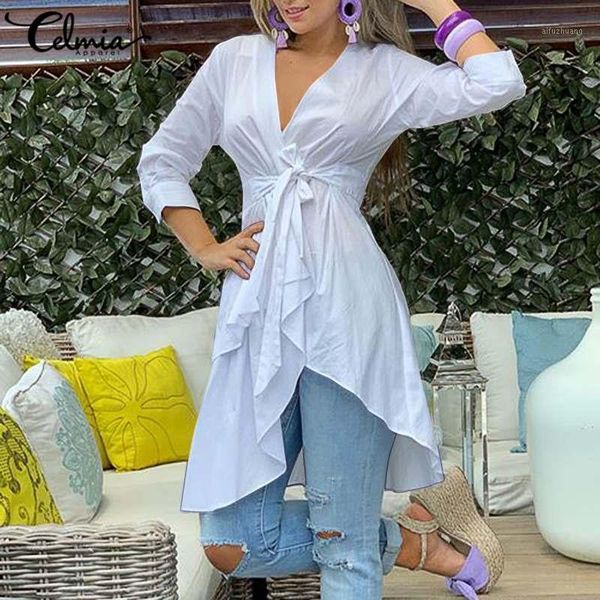 

fashion women and blouses 2020 celmia autumn long sleeve v-neck casual female shirts bandage loose solid tunic blusas mujer1, White