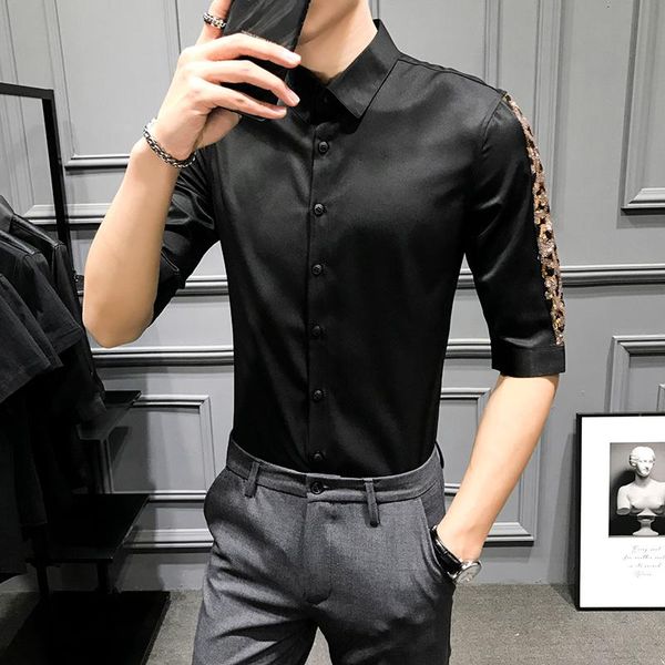 

gzdeerax half sleeve mens shirts luxury party wedding mens shirts camisa masculina fashion slim fit man casual, White;black