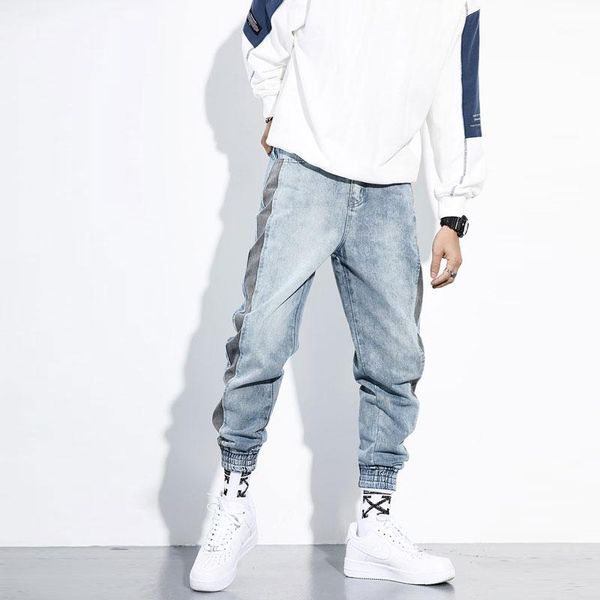 

men's jeans korean fashion men loose fit retro blue spliced cargo pants black stripe designer harem streetwear hip hop men1