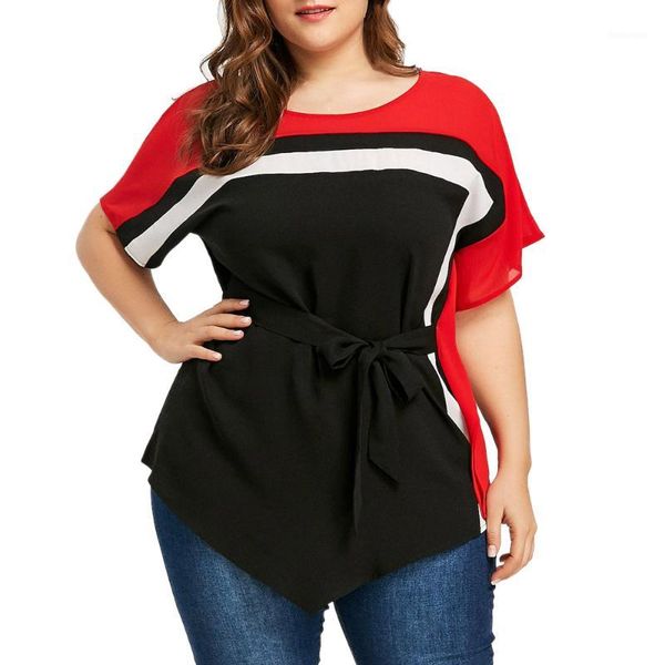 

new tshirt plus size 5xl stripe printed lace up shirt short sleeve asymmetric loose women's tunic blusas mujer de moda 20191, White