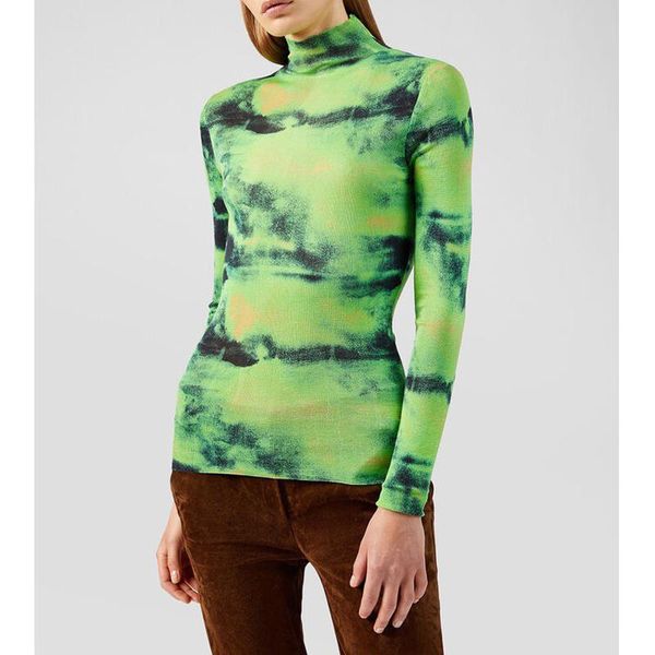 

7.25 early autumn 2020 new women's fashion high neck long sleeve tie-dye printed silk wool knitted casual pullover sweater, White;black