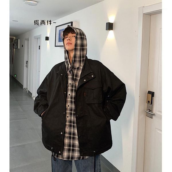 

2019 spring autumn jacket men loose plaid false two pieces mens jackets and coats outwear men clothing1, Black;brown