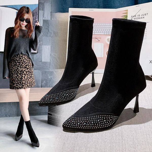 

2020 autumn and winter new elastic boots pointed toe rhinestone high-heeled boots all-match stiletto elastic short, Black