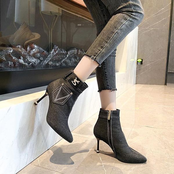 

jean boots women's mid calf boot zipper high heel woman stylish jeans boots ladies denim boot female shoes cowboy 2020 new, Black