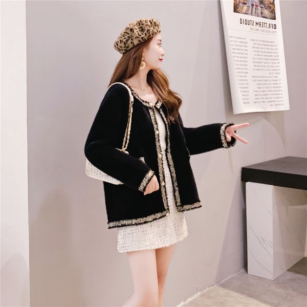 

2021 new autumn vison-like velvet temperament coat around the neck small fragrance sharpening matching color cardigan jacket f2lt, White;black