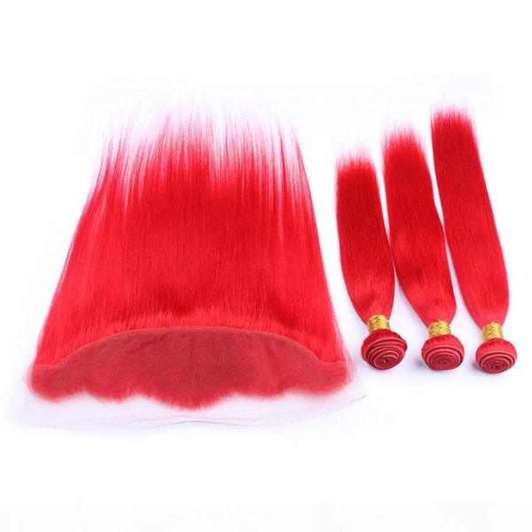 

pure red virgin brazilian human hair wefts with frontal silky straight bright red 3bundles weaves with 13x4 lace frontal closure 4pcs lot, Black;brown