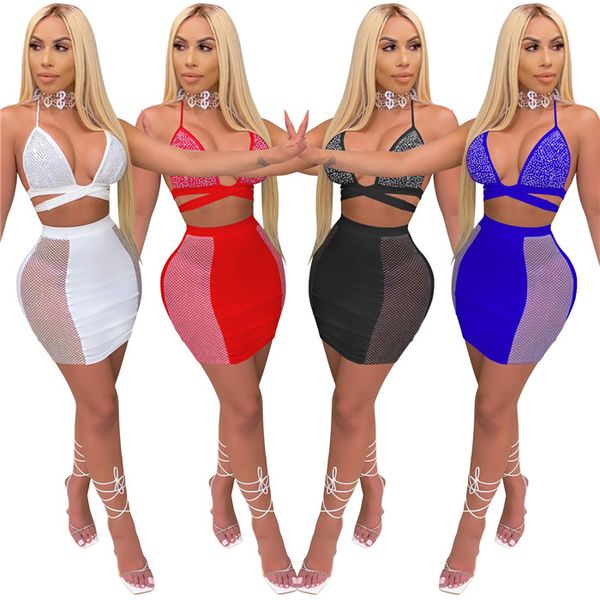

womens two piece sets rhinestone cross bandage tanks mesh see through mini skirts women night club clothes, White
