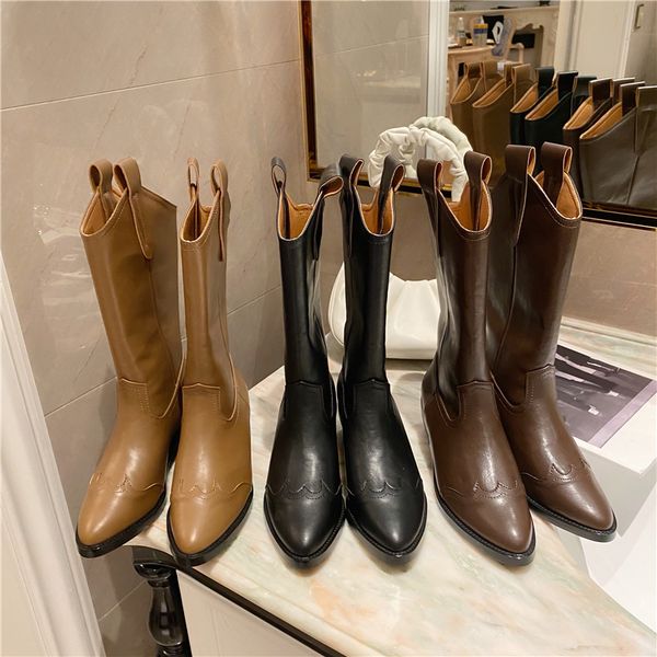 

2021 new women ins beige high heels wedges long lady riding cowboy boots winter toe designer at knee 11uz, Black