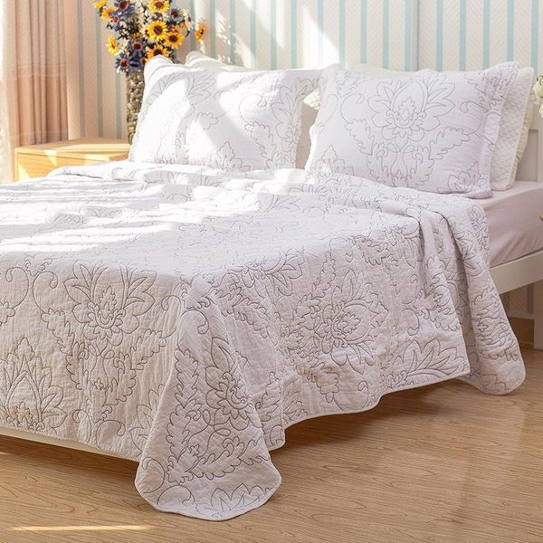

chausub white coverlet sets 3pcs cotton quilt embroidered bedspread bed cover with 2*pillowcases queen size summer blanket