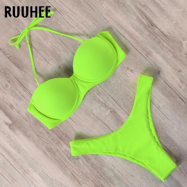 

ruuhee brazilian thong bikini set 2020 women push up bikini solid swimsuit straps swimwear bathing suit high cut biquini1