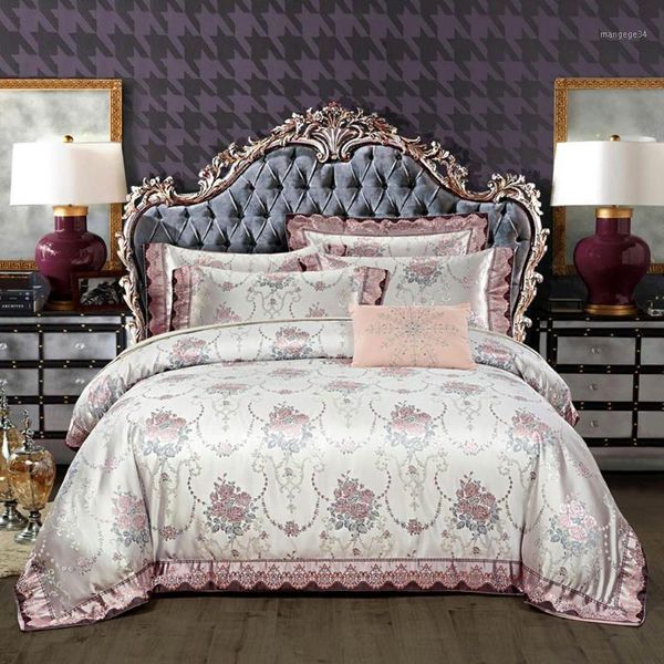 

papa&mima pink flowers beige european jacquard wedding bedding sets king  size satin linens sheet duvet cover pillow sham1