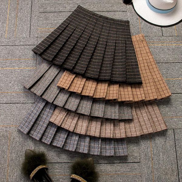 

girls acrylic plaid a line above knee mini winter women plaid skirt, Black