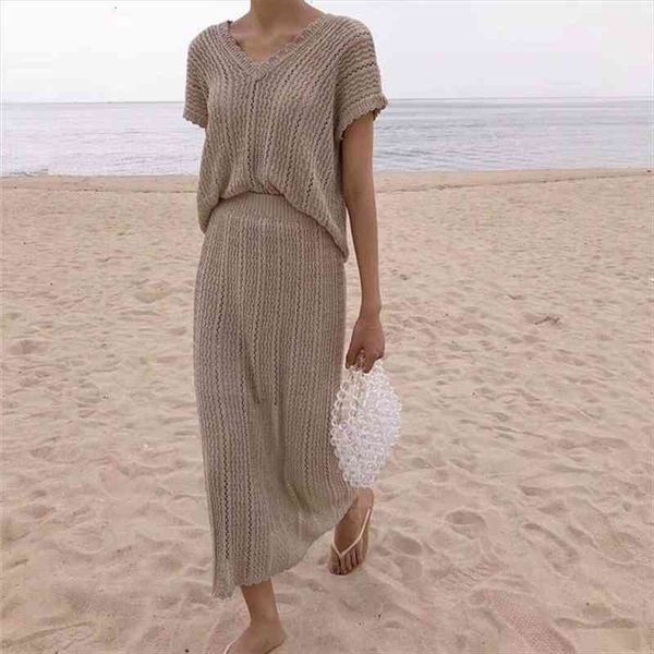 

hollow out v-neck knitted elastic waist knit long skirts set office lady vintage loose two piece set elegant korean, Gray