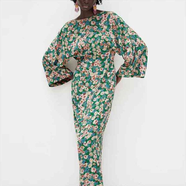 

za floral dress woman green dress women midi vintage cottagecore summer dresses loose long sleeve elegant casual, Black;gray