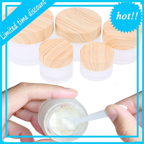 

frosted glass jar skin care eye cream jars pot refillable bottle cosmetic container with wood grain lid 5g 10g 15g 30g 50g