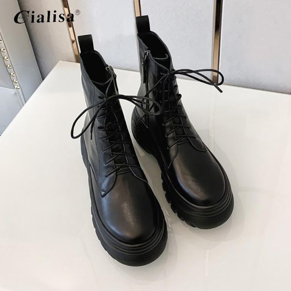 

cialisa women shoes 2020 fashion chunky heels lace up genuine leather wedges ankle boots round toe platform high heel boot, Black