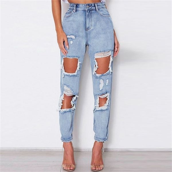 

ripped jeans beggar women big holes destroyed broken torn pants vintage female denim trousers distressed designer boyfriend 201223, Blue