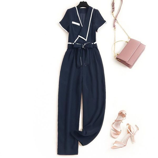 

контрастная мода черный шифон белый шить пояс женщины одежда комбинезон 2020 летняя v-образным вырезом двойные карманы плюс размер компенсац, Black;white