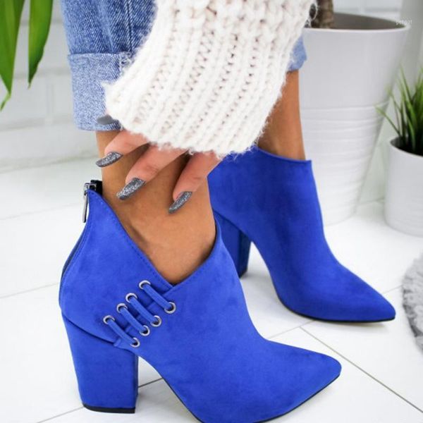 

women shoes autumn winter pointed toe ankle boots chunky high heels ladies punk boots big size short zapatos mujer1, Black