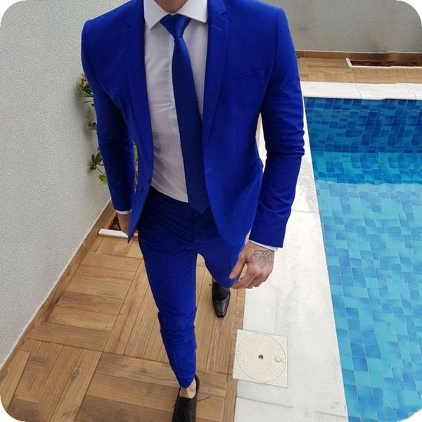 Nova Chegada Royal Azul Prom Ternos Noivo TuxeDos Mais Recente Casaco Calças Designs Mens Casamento Suits Masculino Fit Jacket + Calças + Gravata 201105